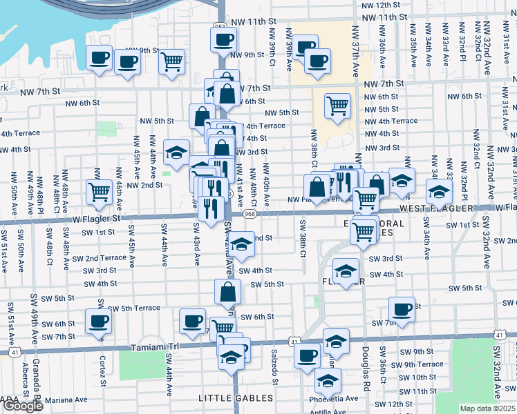 map of restaurants, bars, coffee shops, grocery stores, and more near 4000 West Flagler Street in Miami