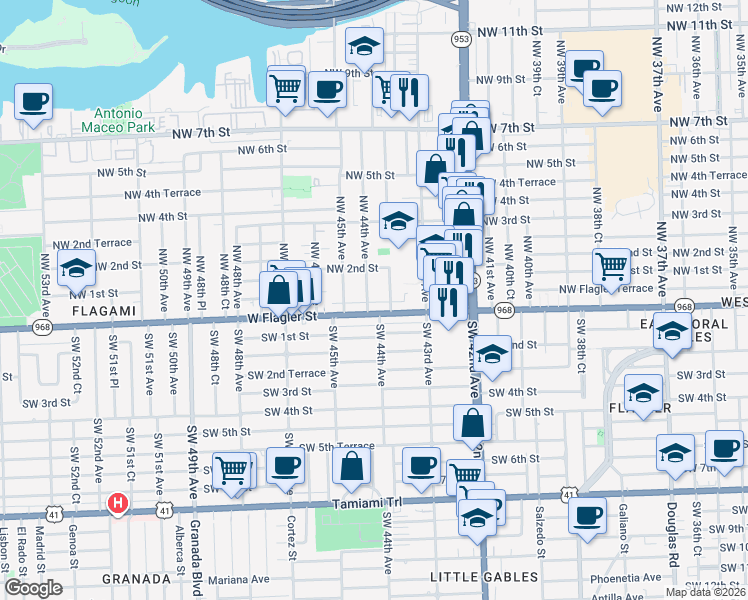 map of restaurants, bars, coffee shops, grocery stores, and more near 4410 Florida 968 in Miami