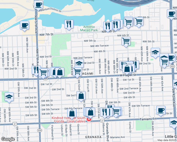 map of restaurants, bars, coffee shops, grocery stores, and more near 5121-5131 West Flagler Street in Coral Gables