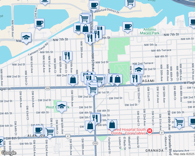 map of restaurants, bars, coffee shops, grocery stores, and more near in Miami