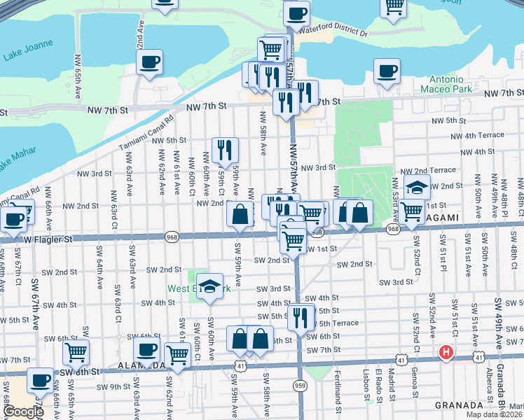 map of restaurants, bars, coffee shops, grocery stores, and more near 37 Northwest 58th Court in Miami