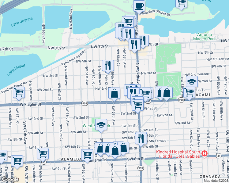 map of restaurants, bars, coffee shops, grocery stores, and more near 41 Northwest 59th Court in Miami