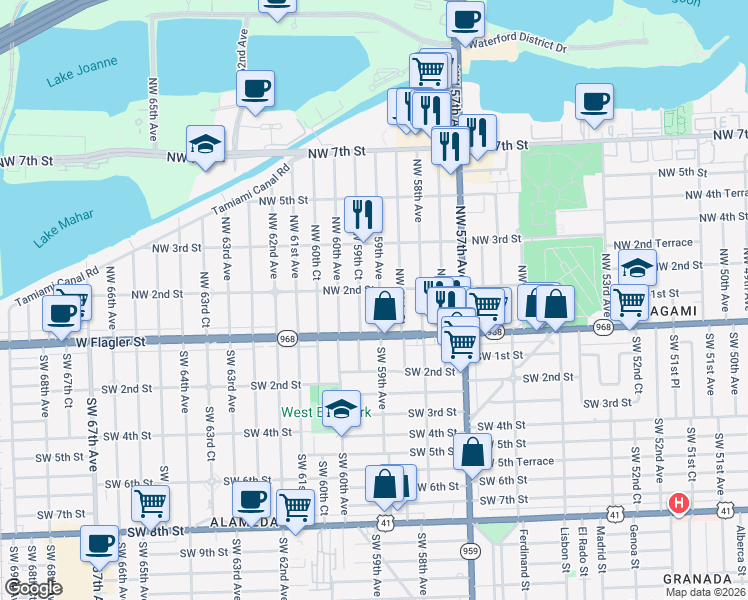 map of restaurants, bars, coffee shops, grocery stores, and more near 41 Northwest 59th Court in Miami