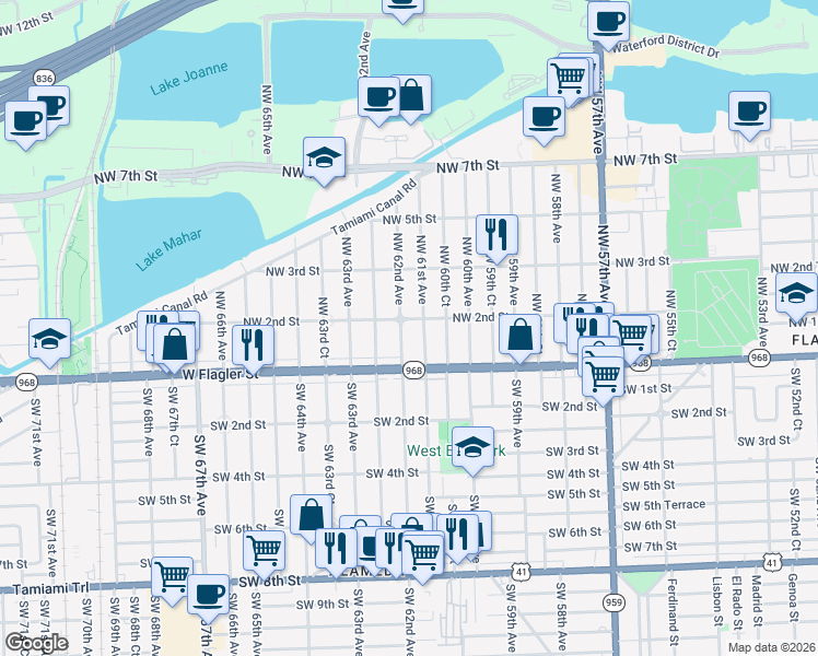map of restaurants, bars, coffee shops, grocery stores, and more near 80 Northwest 62nd Avenue in Miami