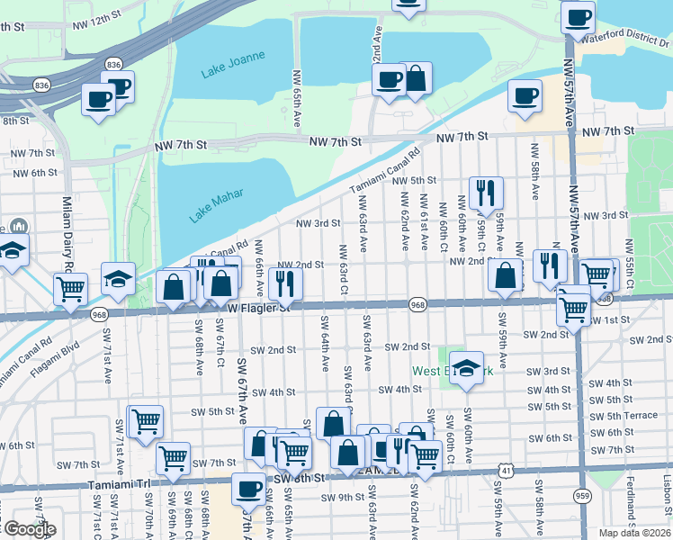 map of restaurants, bars, coffee shops, grocery stores, and more near 48 Northwest 63rd Court in Miami