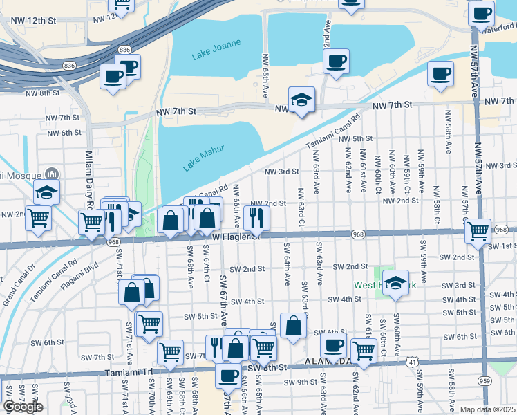 map of restaurants, bars, coffee shops, grocery stores, and more near 48 Northwest 65th Avenue in Miami