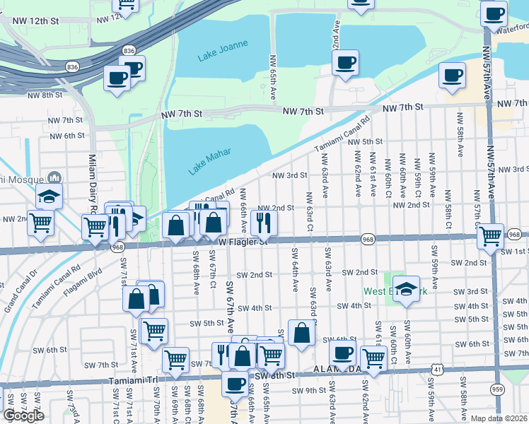 map of restaurants, bars, coffee shops, grocery stores, and more near 48 Northwest 65th Avenue in Miami