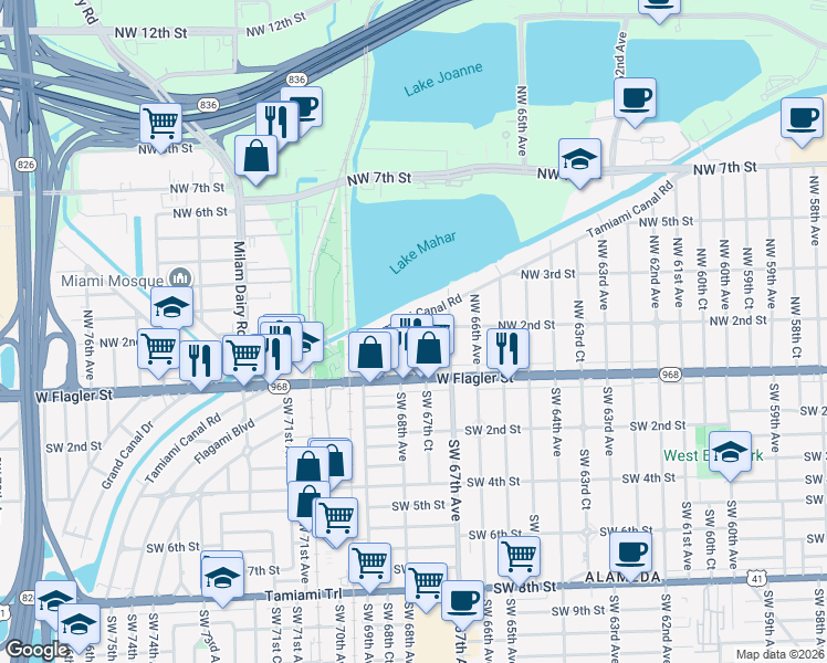 map of restaurants, bars, coffee shops, grocery stores, and more near 100 Northwest 67th Court in Miami