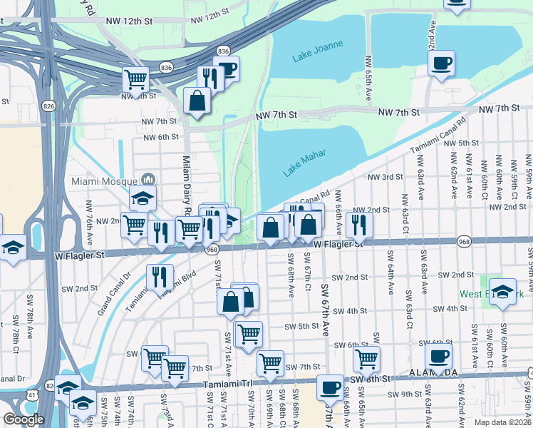 map of restaurants, bars, coffee shops, grocery stores, and more near 120 Northwest 68th Court in Miami