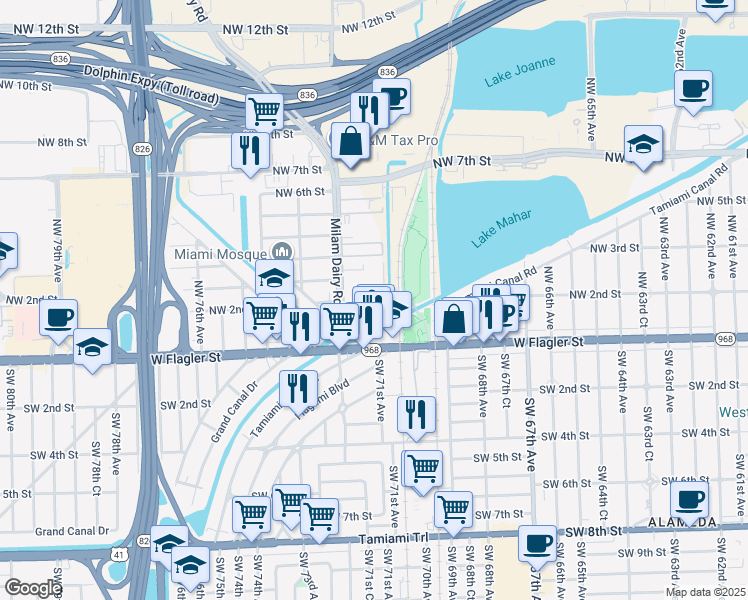 map of restaurants, bars, coffee shops, grocery stores, and more near 7177 Northwest 1st Terrace in Miami