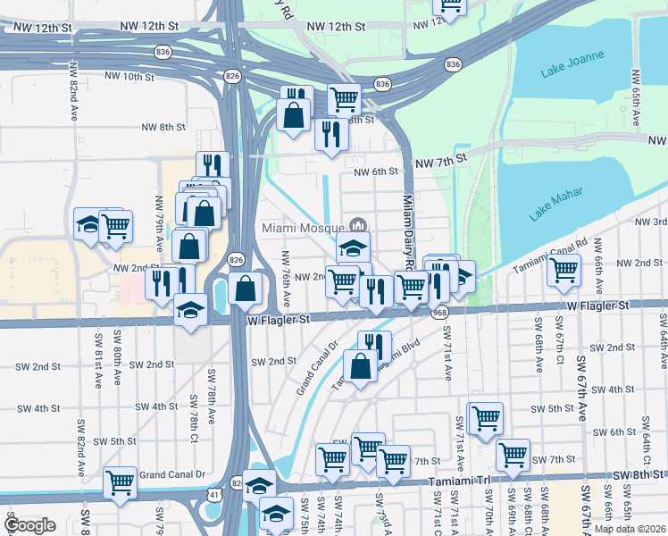 map of restaurants, bars, coffee shops, grocery stores, and more near 77 Northwest 74th Avenue in Miami