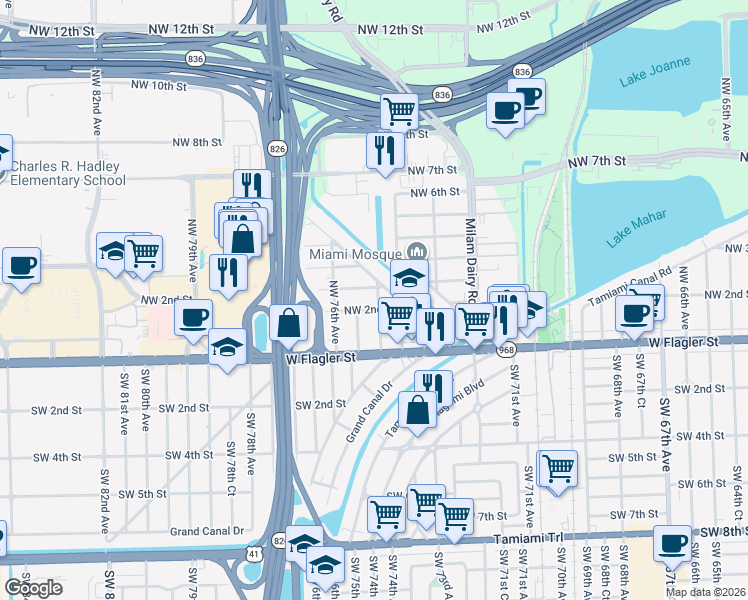 map of restaurants, bars, coffee shops, grocery stores, and more near 77 Northwest 74th Avenue in Miami