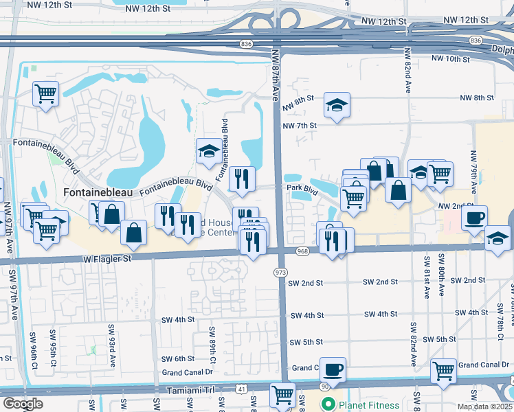 map of restaurants, bars, coffee shops, grocery stores, and more near 175 Fontainebleau Boulevard in Miami