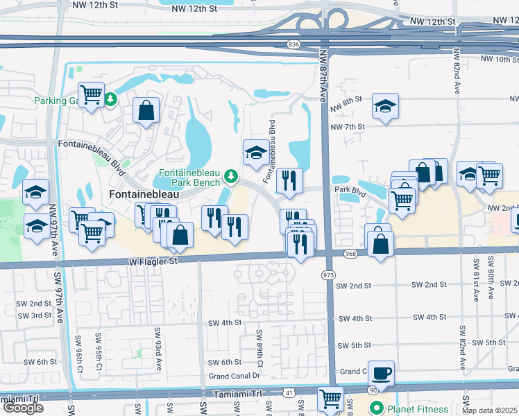 map of restaurants, bars, coffee shops, grocery stores, and more near 2728 Fontainebleau Boulevard in Miami