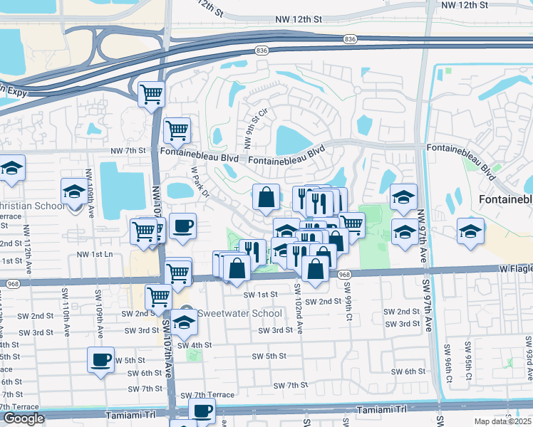 map of restaurants, bars, coffee shops, grocery stores, and more near 251 West Park Drive in Miami