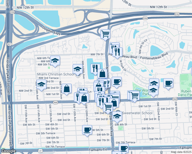 map of restaurants, bars, coffee shops, grocery stores, and more near 315 Northwest 109th Avenue in Miami