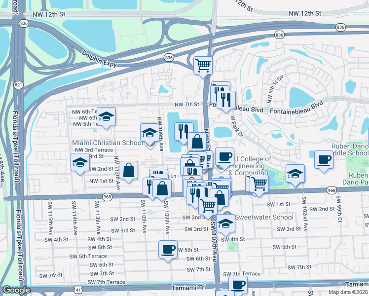 map of restaurants, bars, coffee shops, grocery stores, and more near 315 Northwest 109th Avenue in Miami