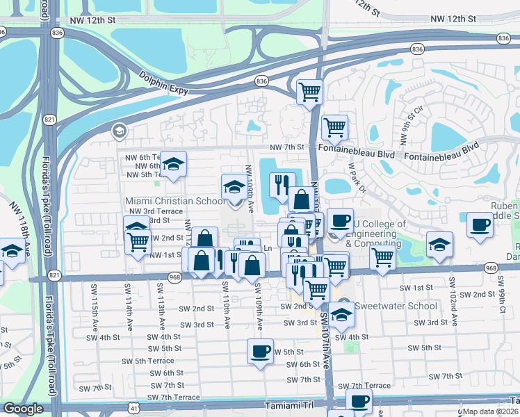 map of restaurants, bars, coffee shops, grocery stores, and more near 305 Northwest 109th Avenue in Miami