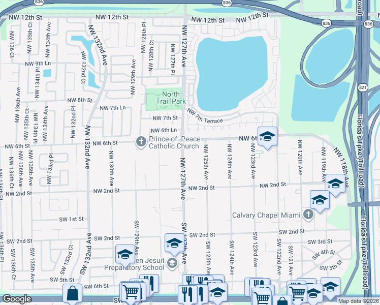 map of restaurants, bars, coffee shops, grocery stores, and more near 400 Northwest 125th Avenue in Miami