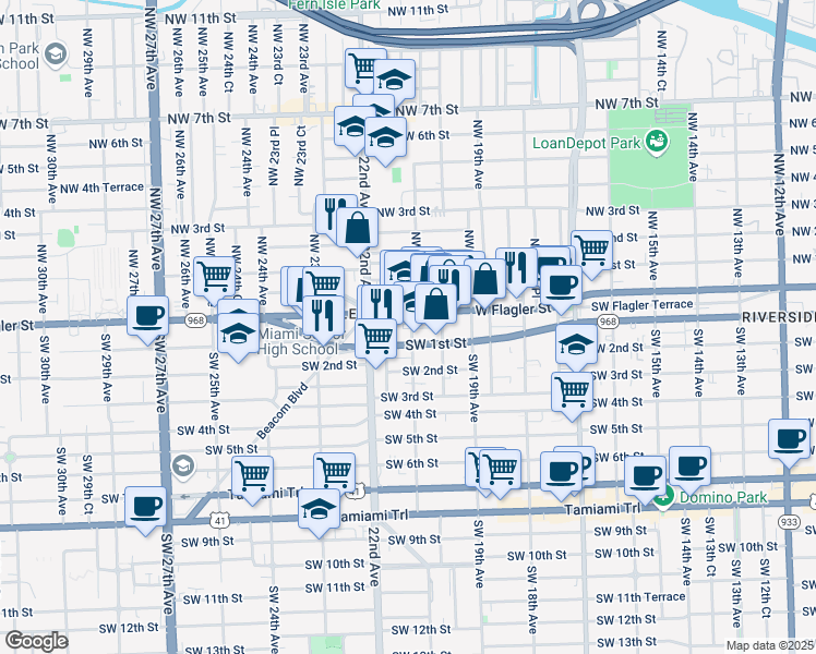 map of restaurants, bars, coffee shops, grocery stores, and more near 2093 Southwest 1st Street in Miami
