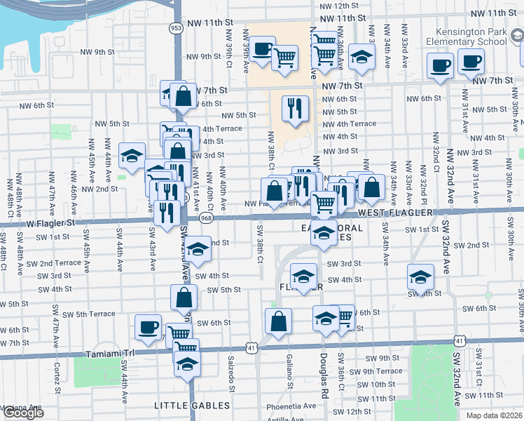 map of restaurants, bars, coffee shops, grocery stores, and more near 3890 Florida 968 in Miami