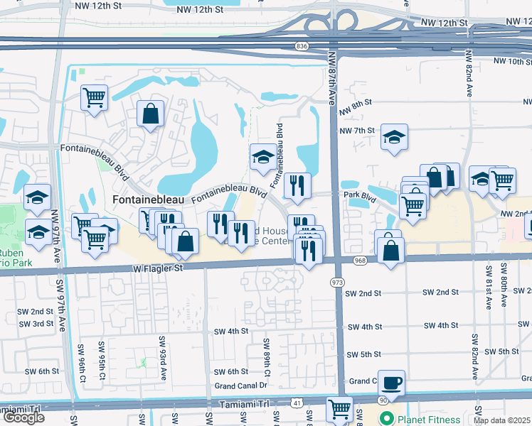 map of restaurants, bars, coffee shops, grocery stores, and more near 2728 Fontainebleau Boulevard in Miami