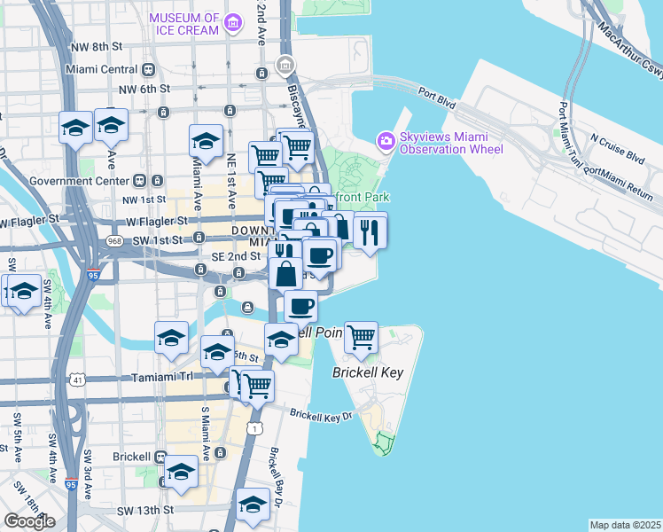 map of restaurants, bars, coffee shops, grocery stores, and more near 405 South Biscayne Boulevard in Miami
