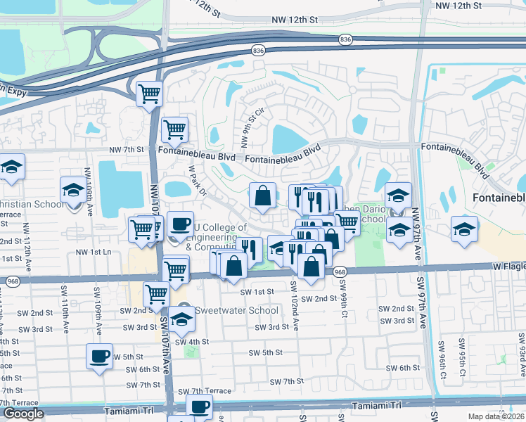 map of restaurants, bars, coffee shops, grocery stores, and more near 251 West Park Drive in Miami