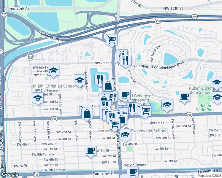 map of restaurants, bars, coffee shops, grocery stores, and more near 260 Northwest 107th Avenue in Miami