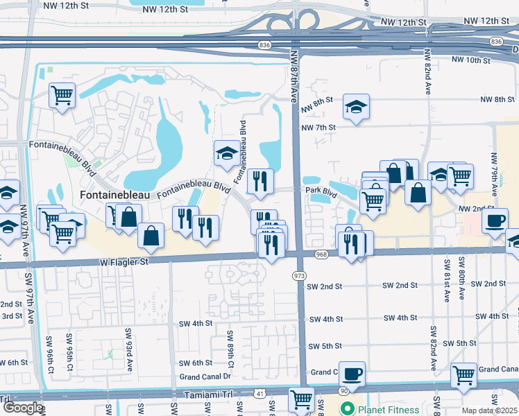 map of restaurants, bars, coffee shops, grocery stores, and more near 275 Fontainebleau Boulevard in Miami