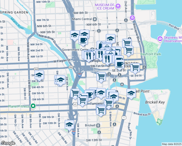 map of restaurants, bars, coffee shops, grocery stores, and more near 251 Southwest 1st Street in Miami