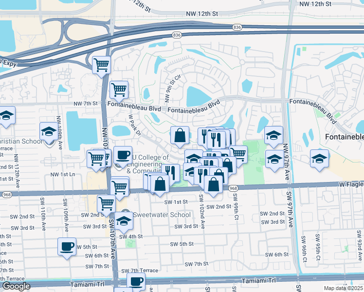 map of restaurants, bars, coffee shops, grocery stores, and more near 301 West Park Drive in Miami