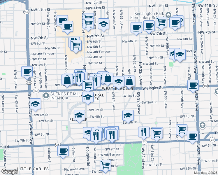 map of restaurants, bars, coffee shops, grocery stores, and more near 38 Southwest 34th Avenue in Miami