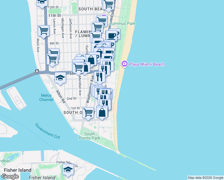 map of restaurants, bars, coffee shops, grocery stores, and more near in Miami Beach