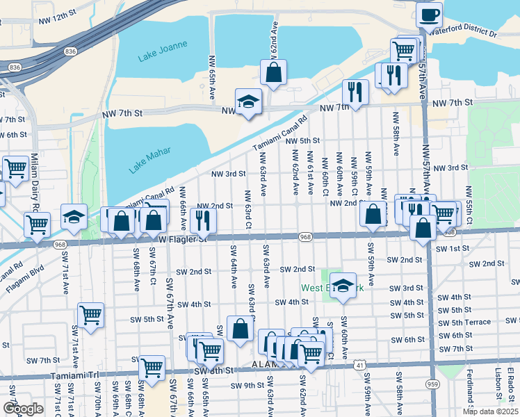 map of restaurants, bars, coffee shops, grocery stores, and more near 6300 Northwest 2nd Street in Miami