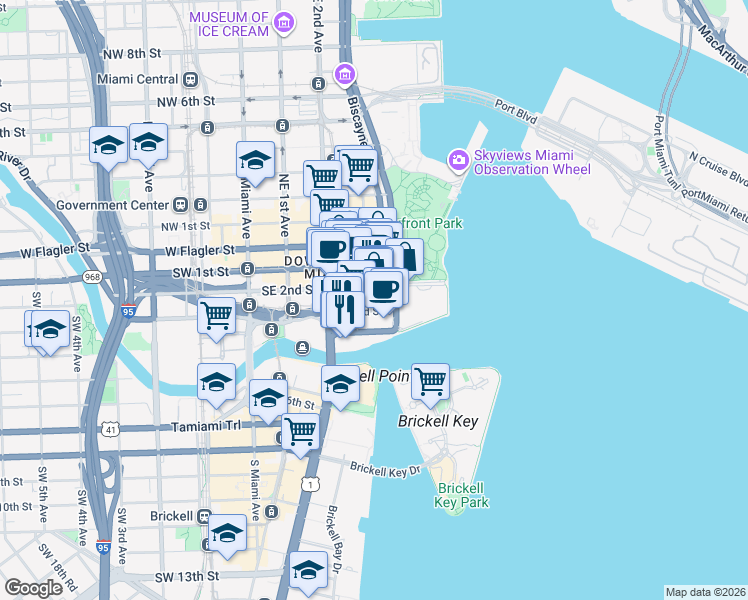 map of restaurants, bars, coffee shops, grocery stores, and more near 200 South Biscayne Boulevard in Miami