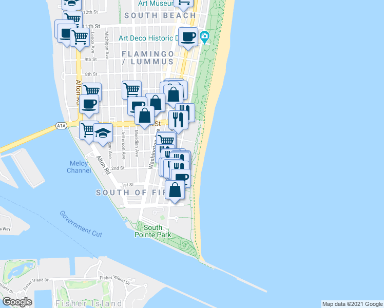 map of restaurants, bars, coffee shops, grocery stores, and more near in Miami Beach