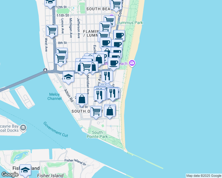 map of restaurants, bars, coffee shops, grocery stores, and more near 226 Ocean Court in Miami Beach