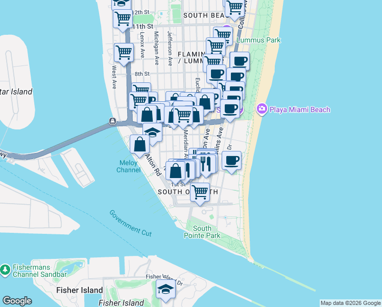 map of restaurants, bars, coffee shops, grocery stores, and more near 220 Meridian Avenue in Miami Beach