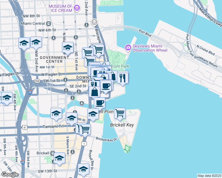 map of restaurants, bars, coffee shops, grocery stores, and more near 405 South Biscayne Boulevard in Miami