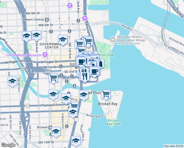 map of restaurants, bars, coffee shops, grocery stores, and more near 300 South Biscayne Boulevard in Miami