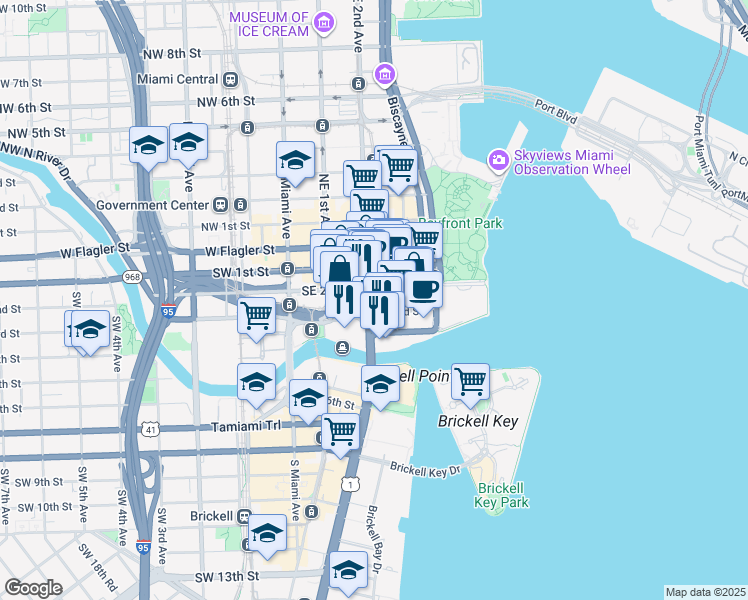 map of restaurants, bars, coffee shops, grocery stores, and more near 333 Southeast 2nd Avenue in Miami