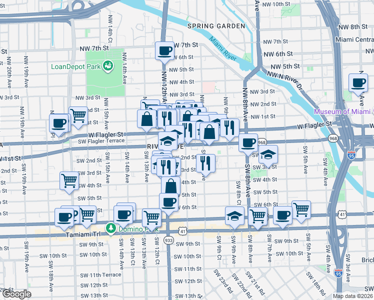 map of restaurants, bars, coffee shops, grocery stores, and more near 1054 Southwest 2nd Street in Miami