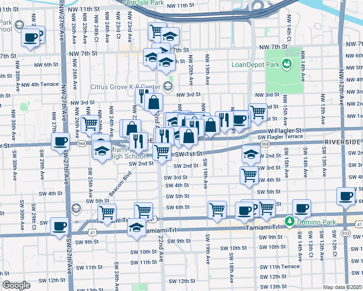 map of restaurants, bars, coffee shops, grocery stores, and more near 2093 Southwest 1st Street in Miami