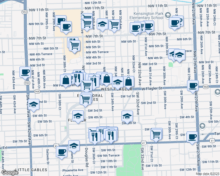 map of restaurants, bars, coffee shops, grocery stores, and more near 38 Southwest 34th Avenue in Miami