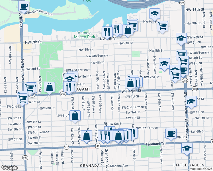 map of restaurants, bars, coffee shops, grocery stores, and more near 10 Northwest 48th Place in Miami