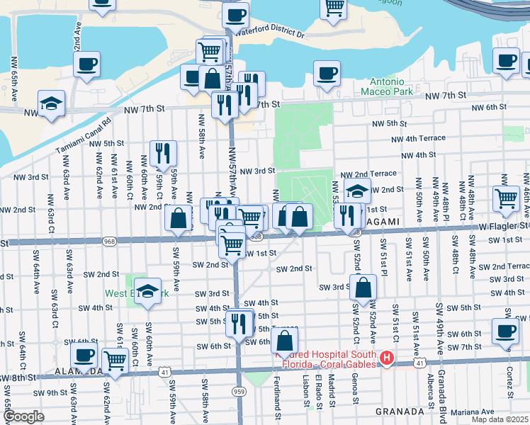 map of restaurants, bars, coffee shops, grocery stores, and more near 20 Northwest 55th Court in Miami
