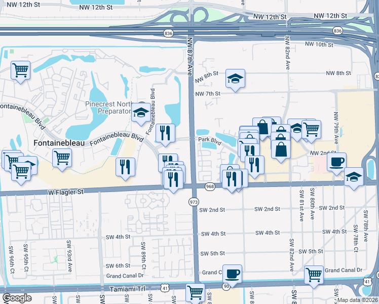 map of restaurants, bars, coffee shops, grocery stores, and more near 40 Northwest 87th Avenue in Miami
