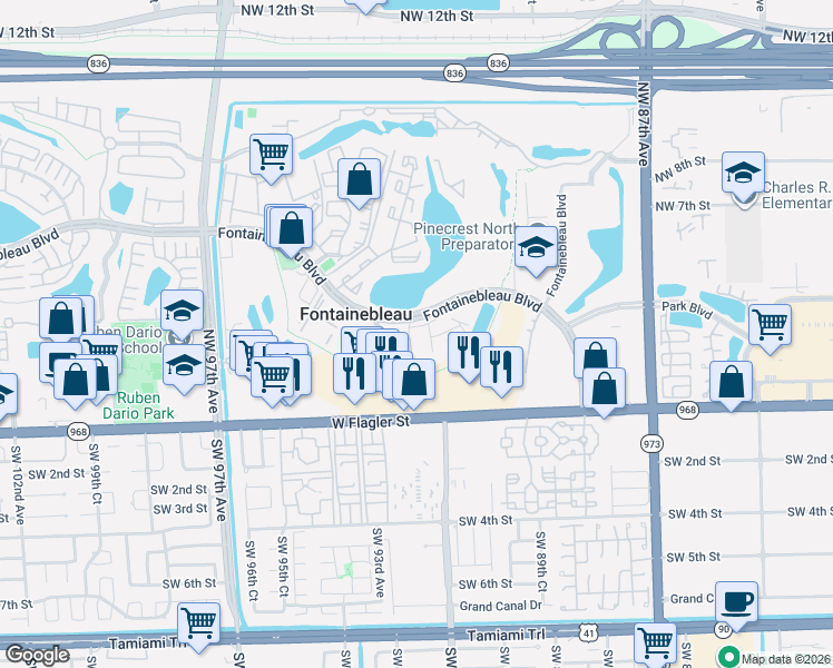 map of restaurants, bars, coffee shops, grocery stores, and more near 9270 Fontainebleau Boulevard in Miami