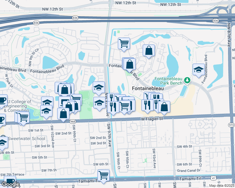 map of restaurants, bars, coffee shops, grocery stores, and more near 161 Northwest 97th Avenue in Miami